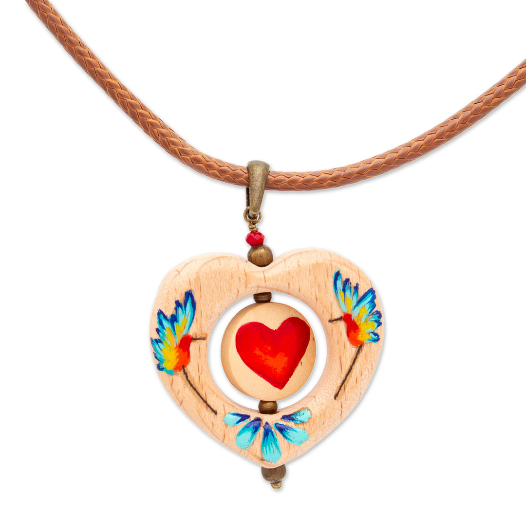 Hand-Painted Heart-Shaped Hummingbird Wood Pendant Necklace - Hummingbird Heart