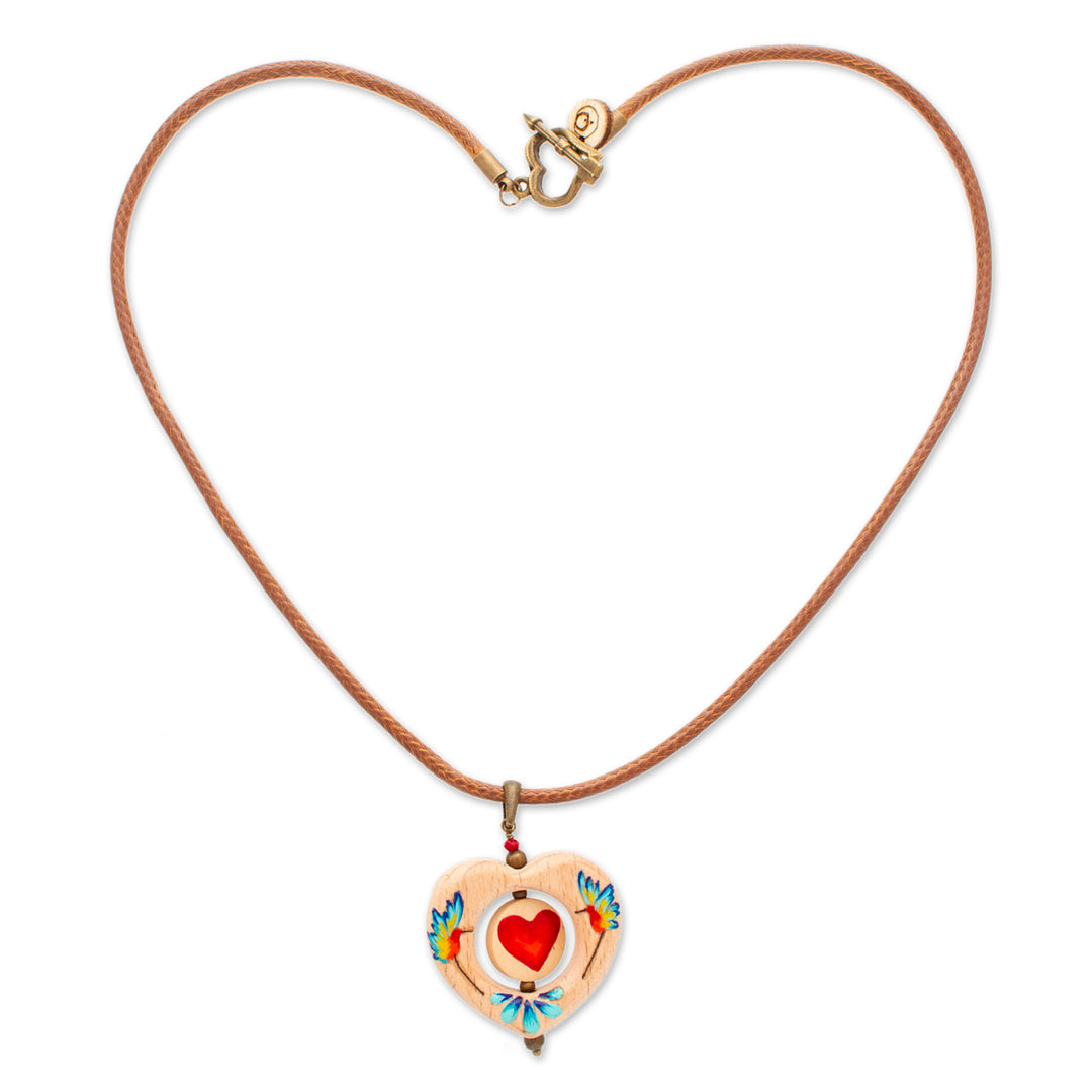 Hand-Painted Heart-Shaped Hummingbird Wood Pendant Necklace - Hummingbird Heart