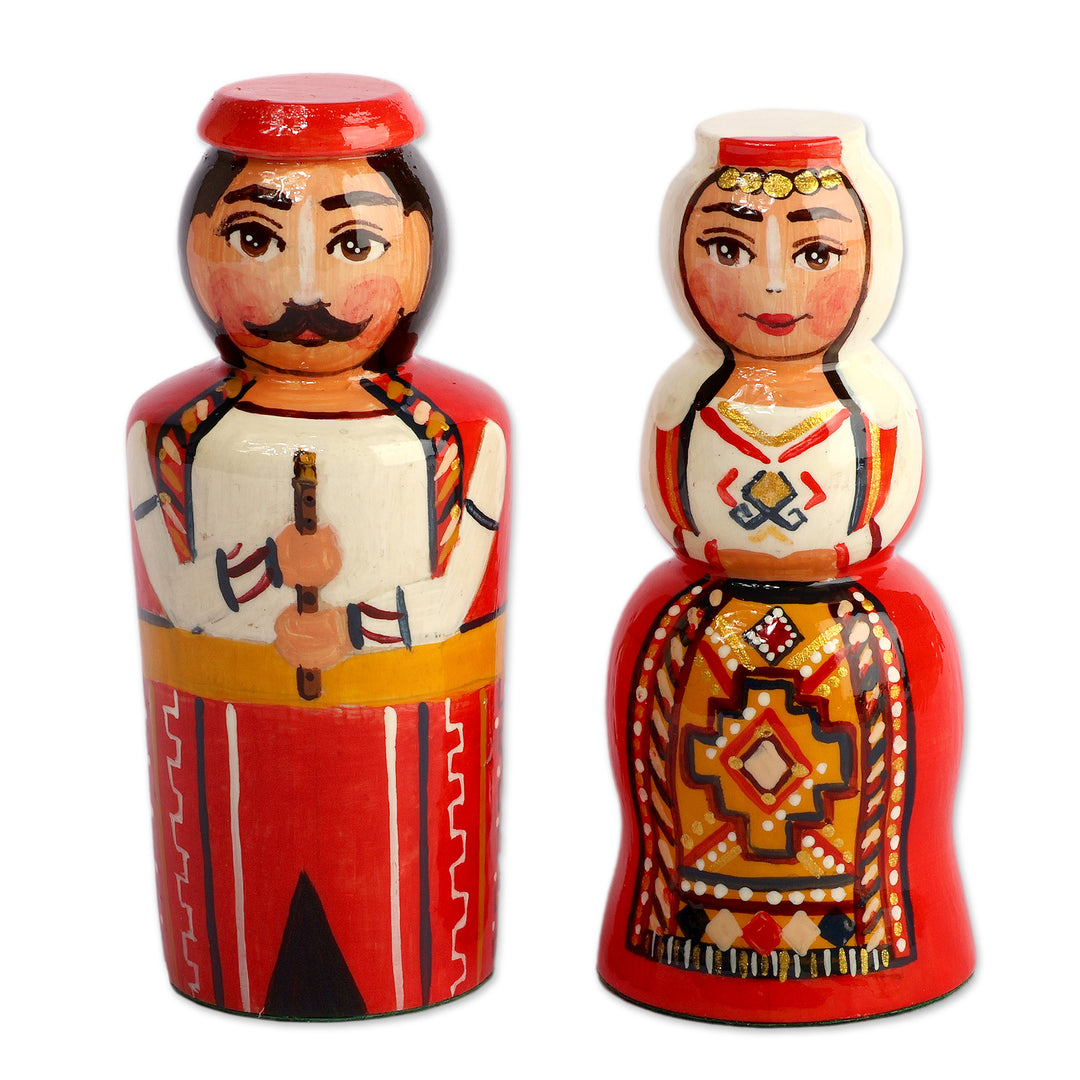 Handmade 2-Piece Taraz Couple with Flute Wood Figurine Set - Taraz Union