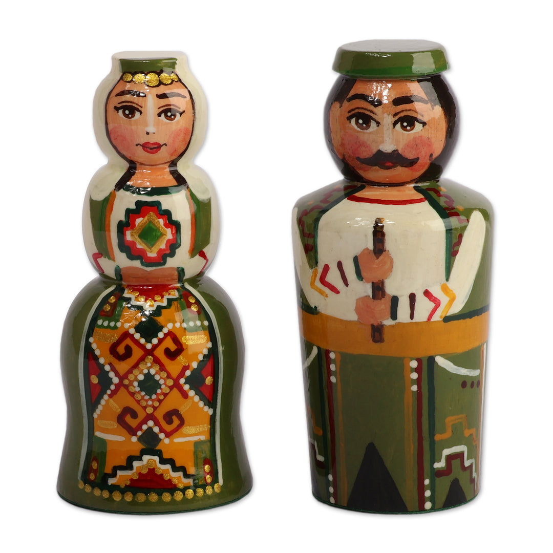 Traditional Hand-Carved 2-Piece Wood Figurine Set in Green - Taraz Harmony