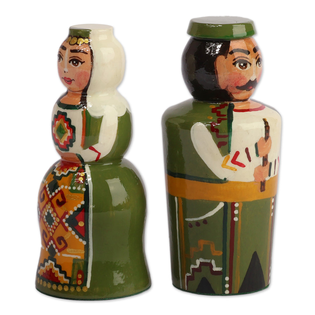 Traditional Hand-Carved 2-Piece Wood Figurine Set in Green - Taraz Harmony