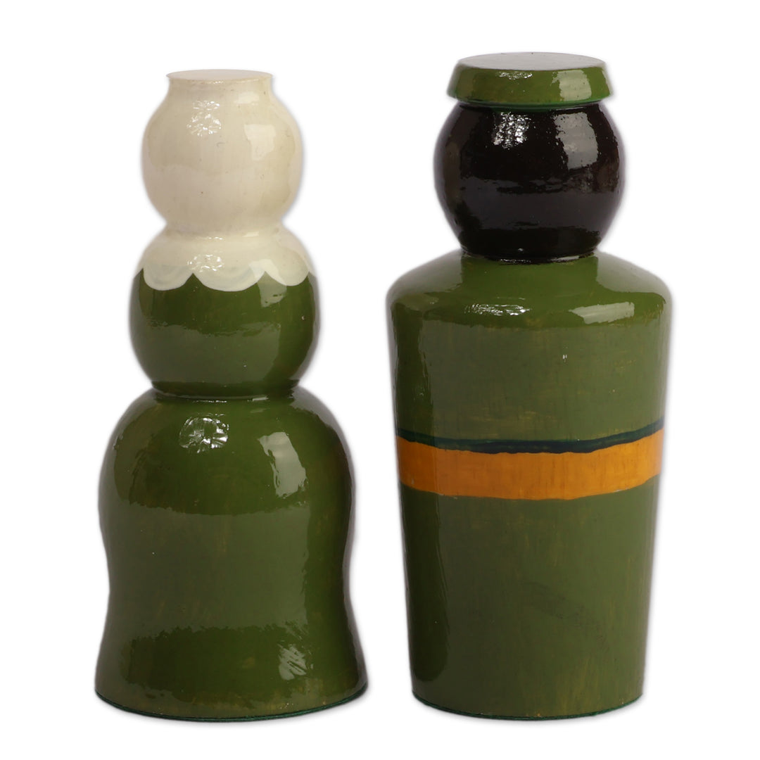 Traditional Hand-Carved 2-Piece Wood Figurine Set in Green - Taraz Harmony