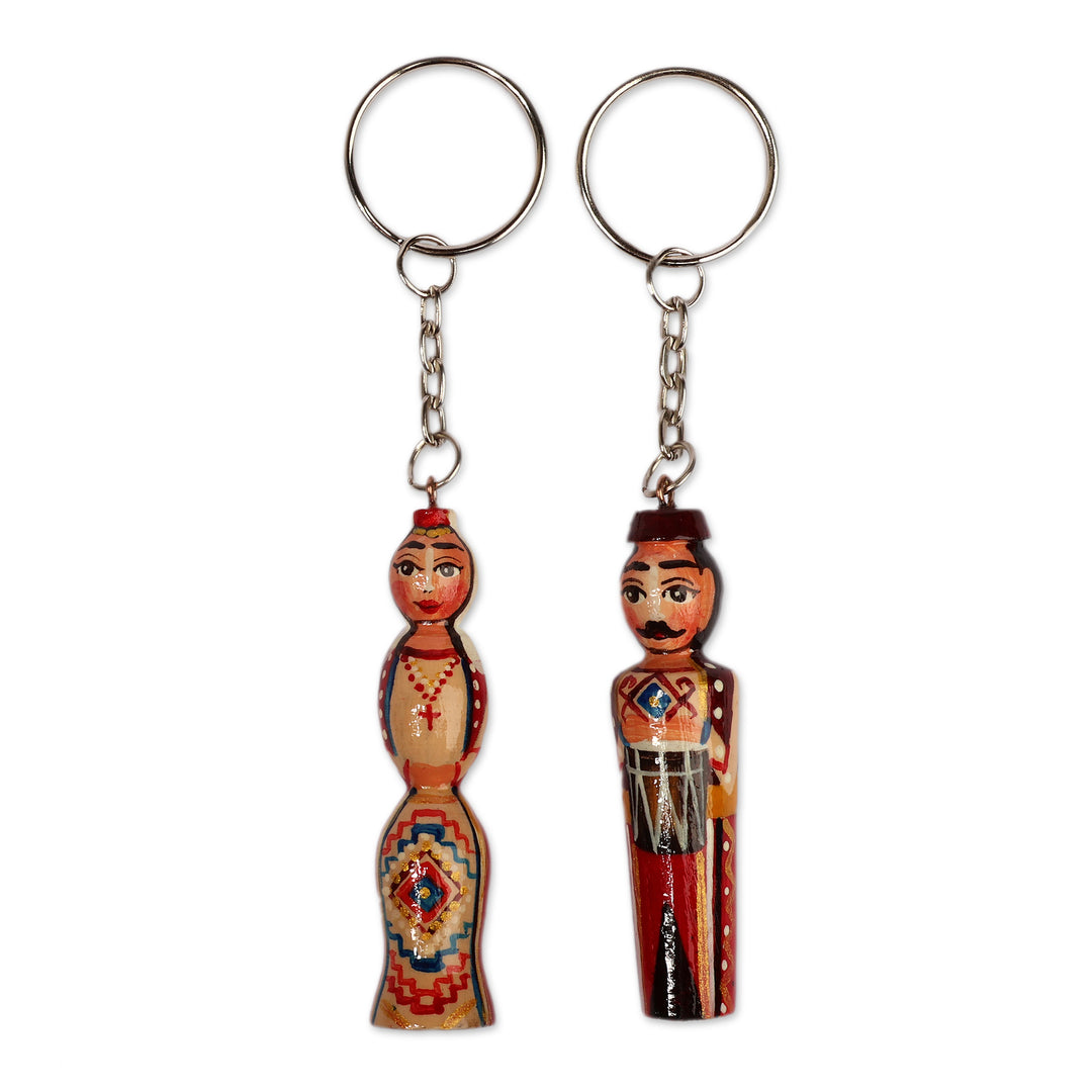 2-Piece Red and Beige Taraz Couple Beechwood Keychain Set - Romantic Taraz