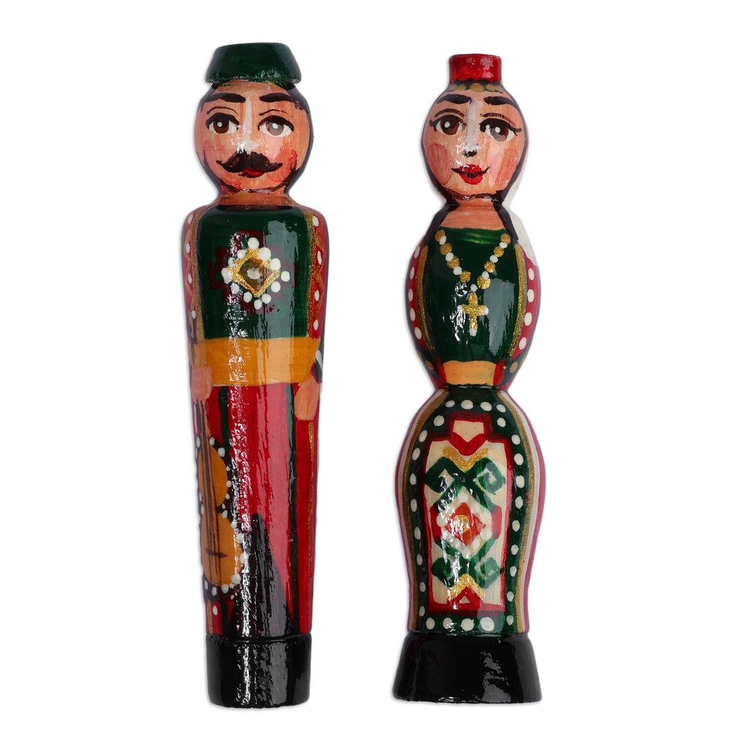 Folk Art Set of 2 Music-Themed Taraz Wood Magnets in Green - Melodic Commitment