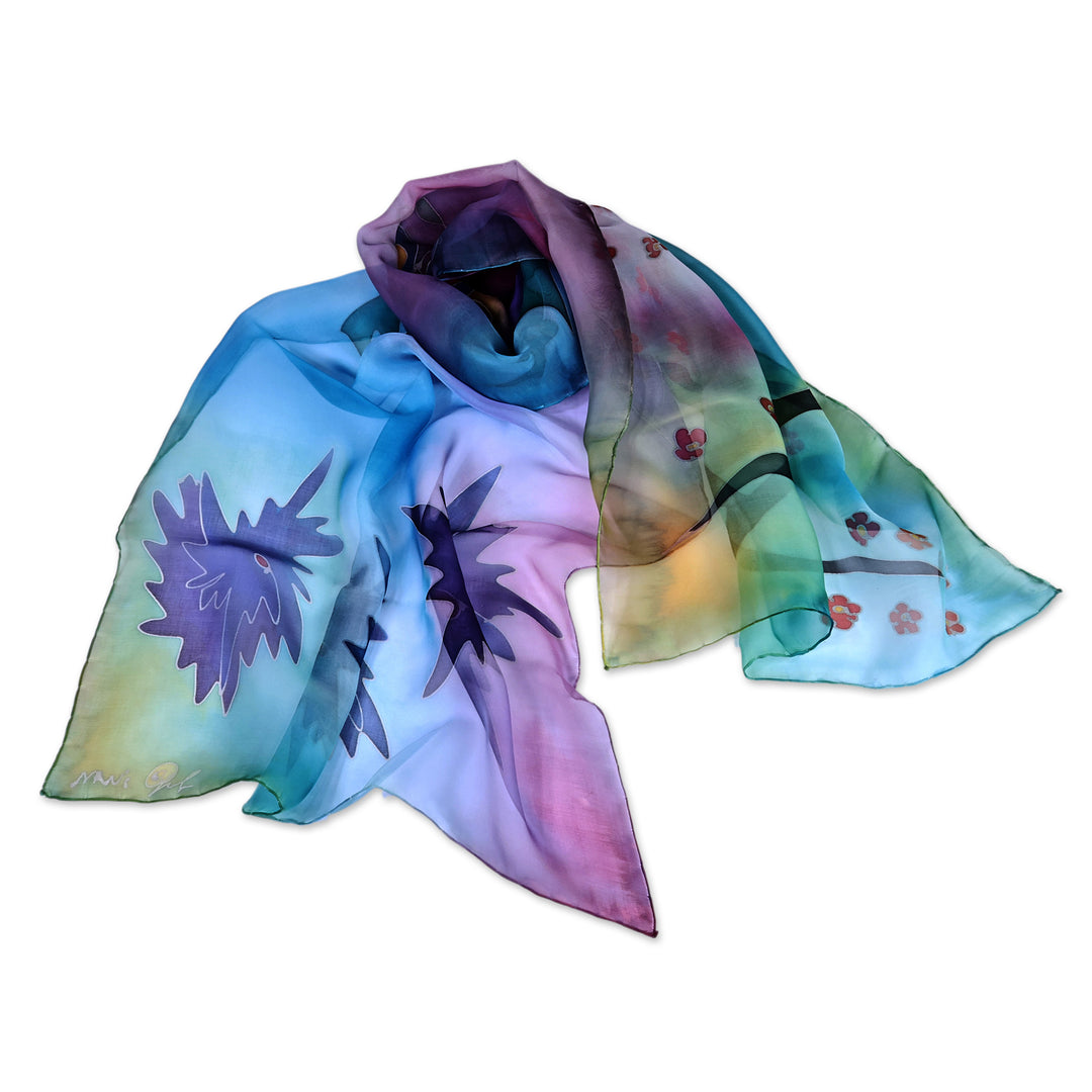 Fantasy-Themed Floral Multicolor Silk Scarf Painted by Hand - Blossom Breeze