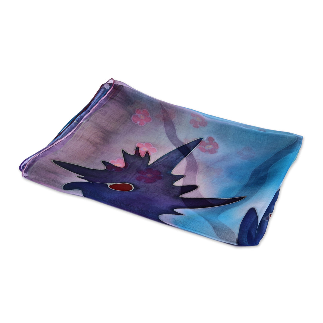 Fantasy-Themed Floral Multicolor Silk Scarf Painted by Hand - Blossom Breeze