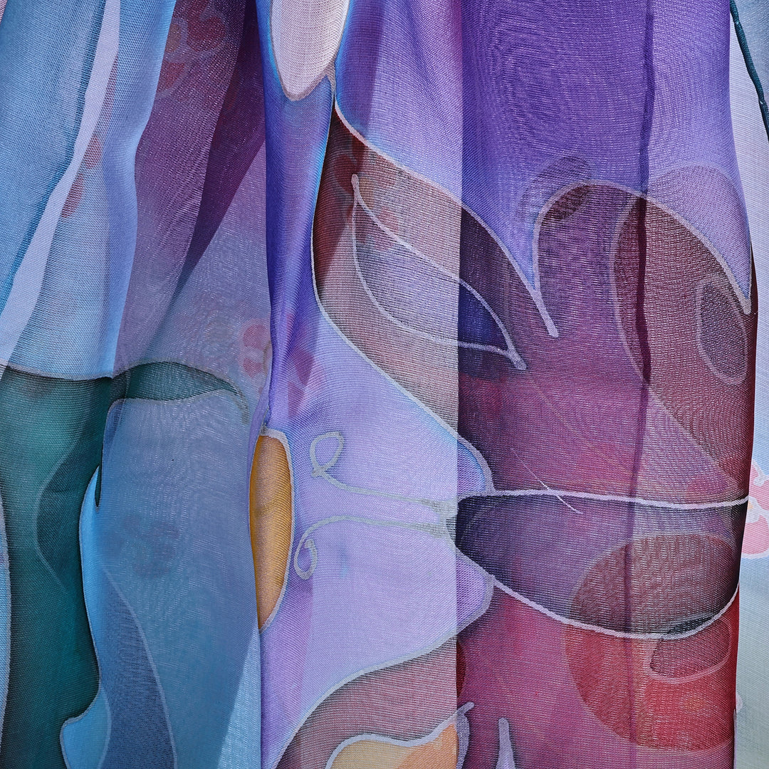 Fantasy-Themed Floral Multicolor Silk Scarf Painted by Hand - Blossom Breeze
