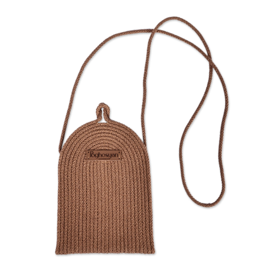 Handwoven Camel Brown Cotton Blend Cell Phone Shoulder Bag - Call in Camel