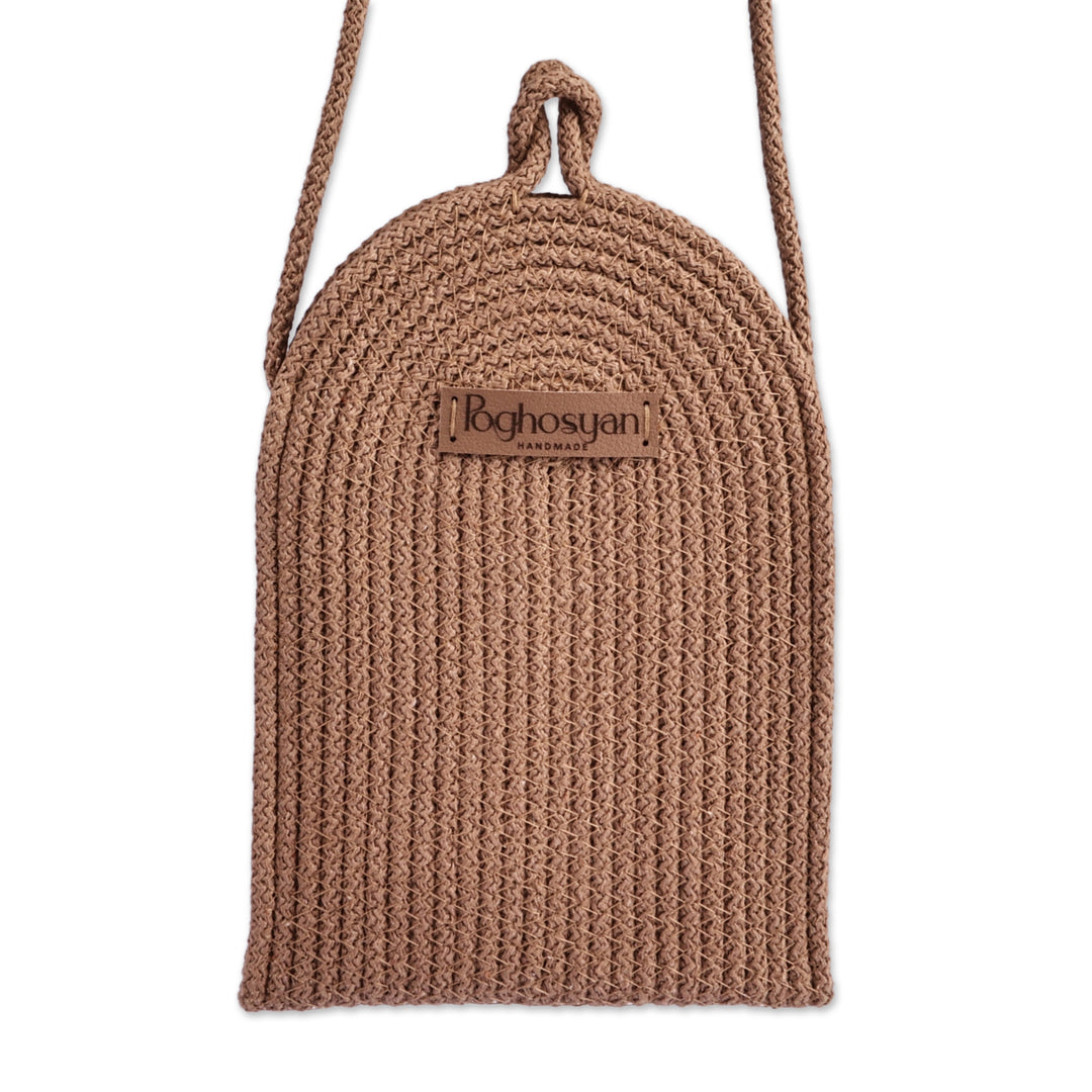 Handwoven Camel Brown Cotton Blend Cell Phone Shoulder Bag - Call in Camel