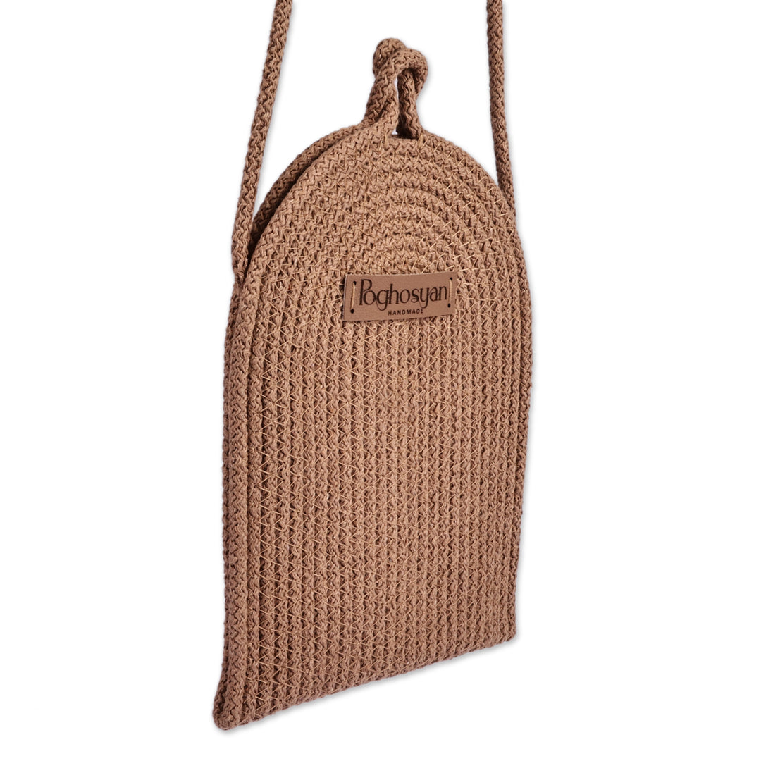 Handwoven Camel Brown Cotton Blend Cell Phone Shoulder Bag - Call in Camel