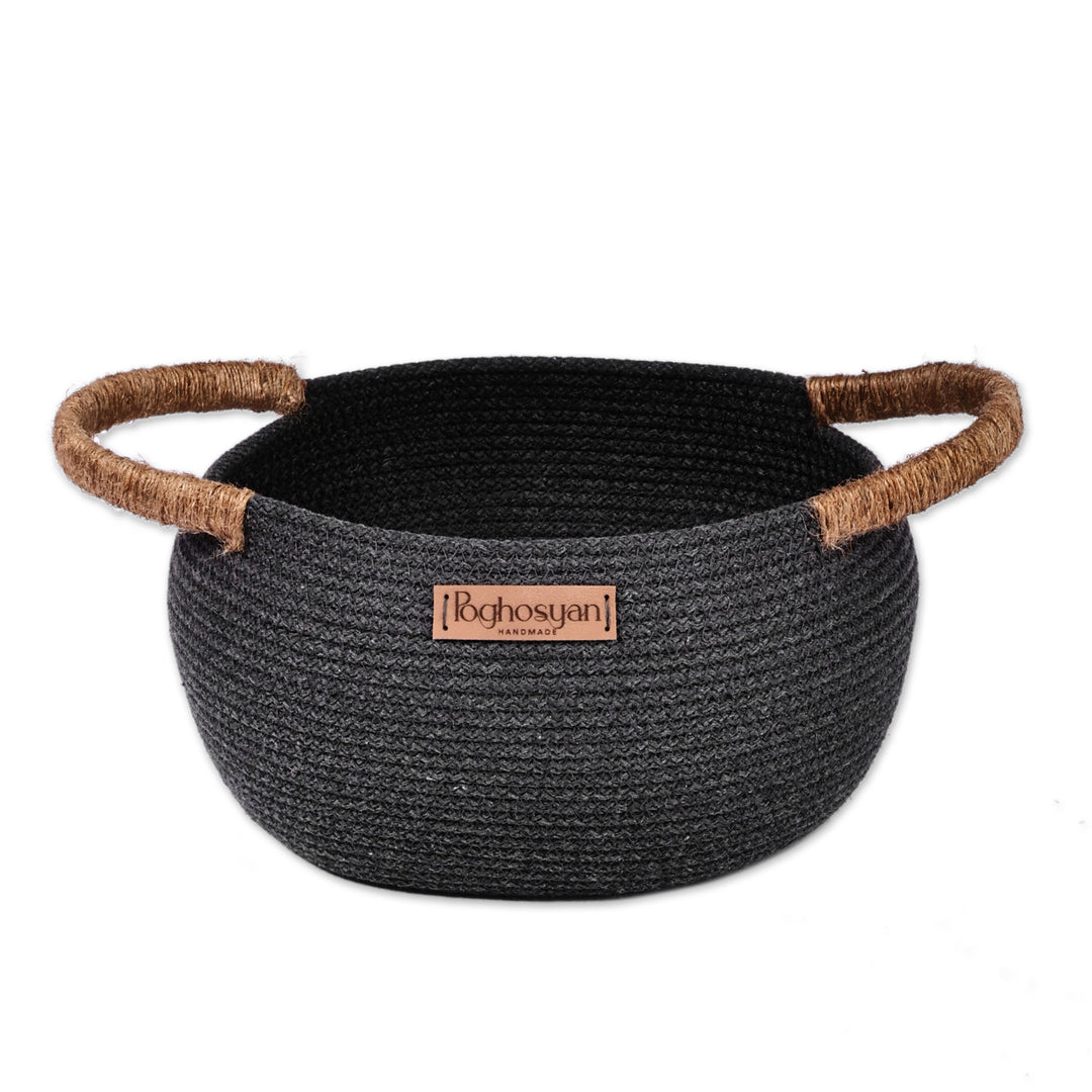 Handcrafted Black Cotton Blend Basket with Jute Handles - Dark Essential