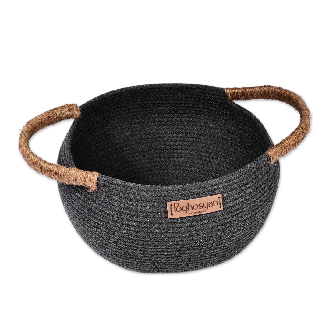 Handcrafted Black Cotton Blend Basket with Jute Handles - Dark Essential