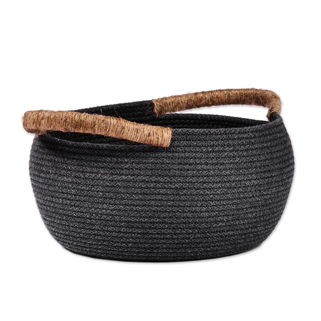 Handcrafted Black Cotton Blend Basket with Jute Handles - Dark Essential