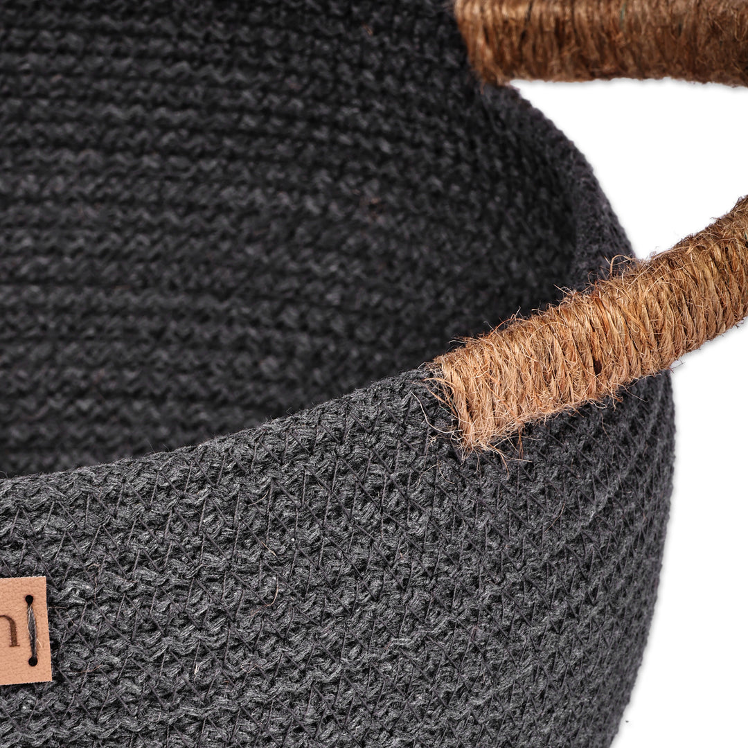 Handcrafted Black Cotton Blend Basket with Jute Handles - Dark Essential