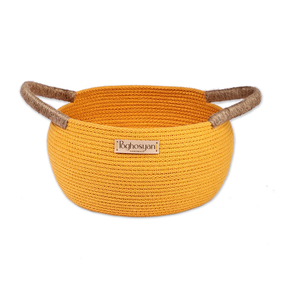 Artisan-Made Yellow Cotton Blend Basket with Jute Handles - Sunny Essential