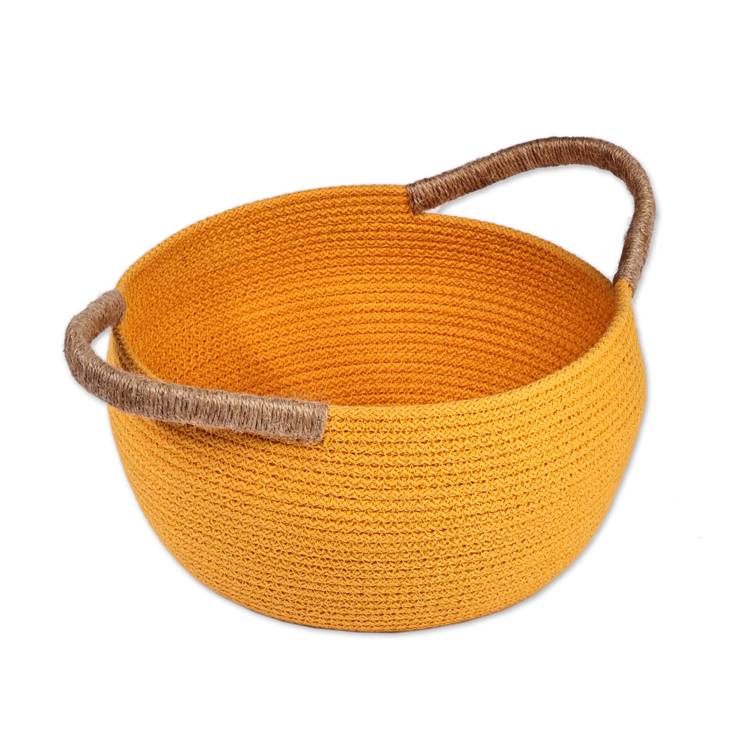 Artisan-Made Yellow Cotton Blend Basket with Jute Handles - Sunny Essential
