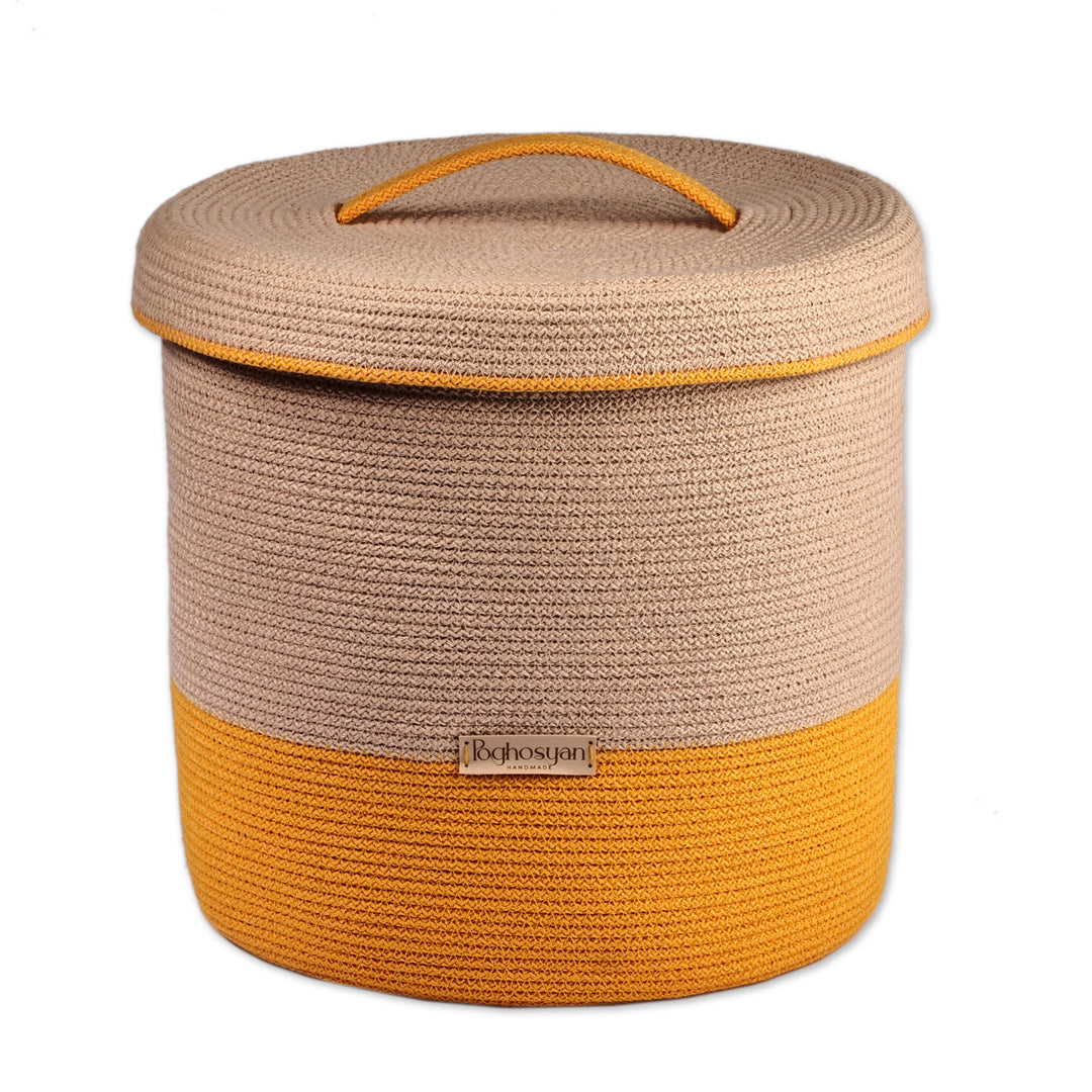 Yellow and Beige Cotton Blend Lidded Basket Made in Armenia - Woven Whim