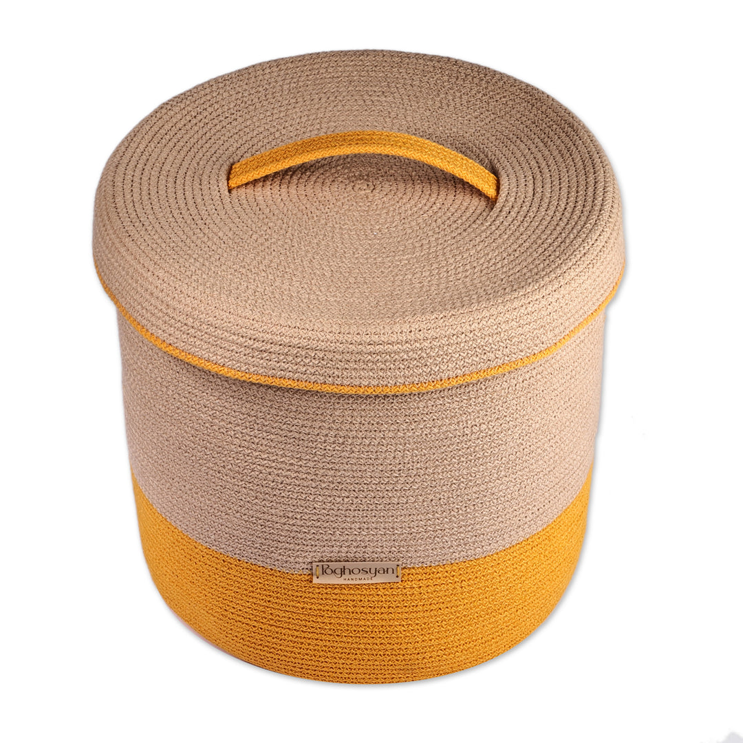 Yellow and Beige Cotton Blend Lidded Basket Made in Armenia - Woven Whim