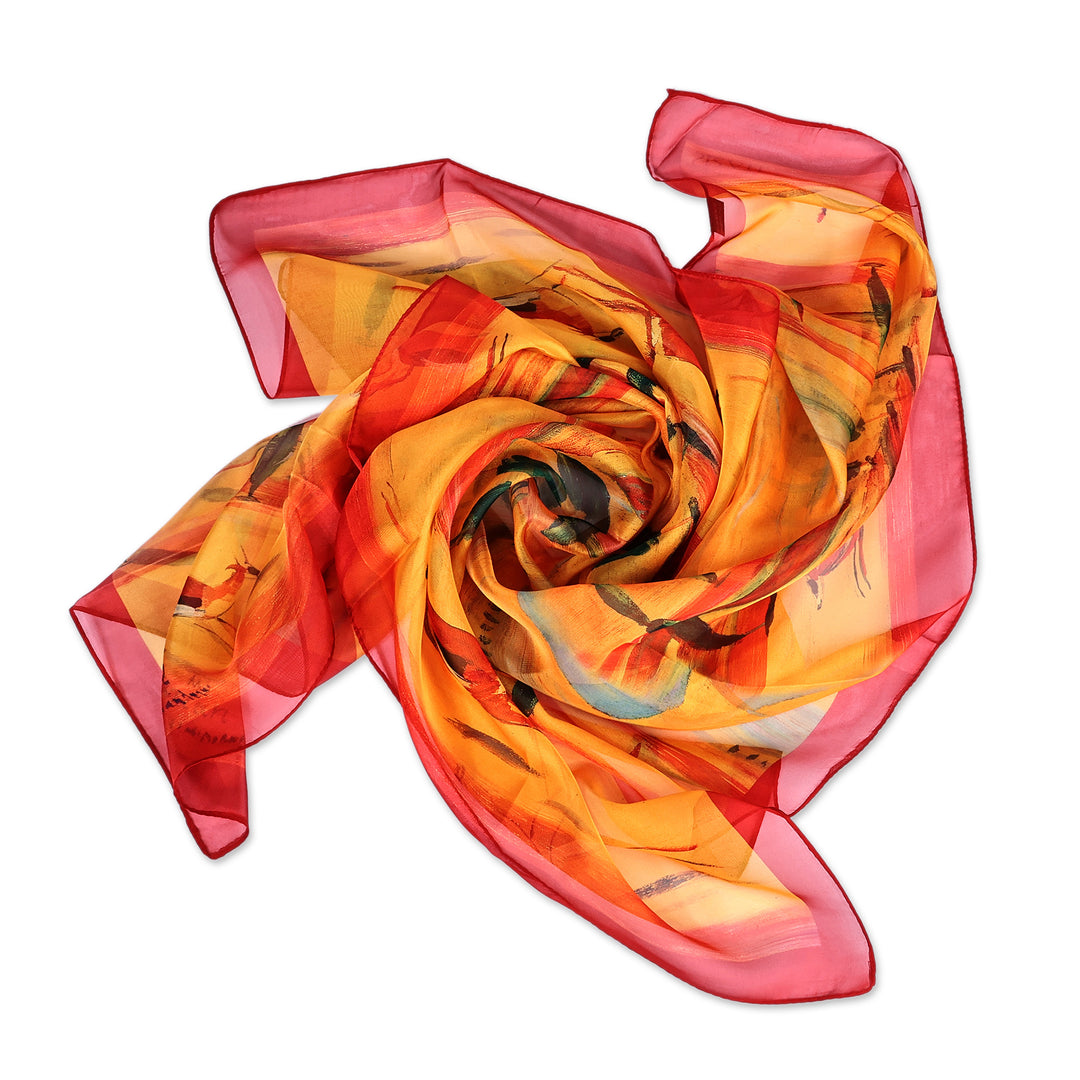 Armenian-Inspired Hand-Painted Sheer Soft Silk Chiffon Scarf - Gazelle Fable