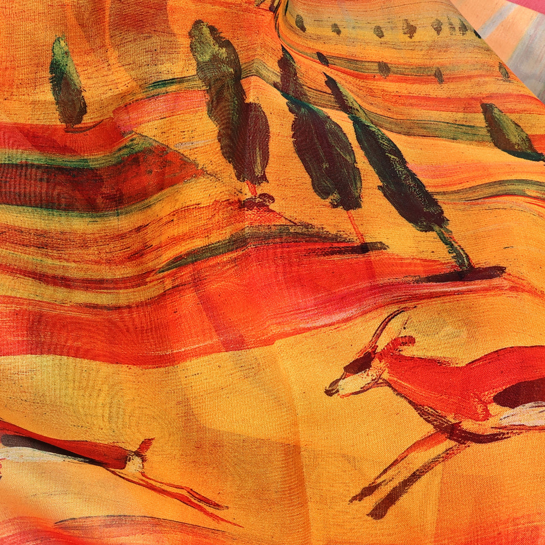 Armenian-Inspired Hand-Painted Sheer Soft Silk Chiffon Scarf - Gazelle Fable