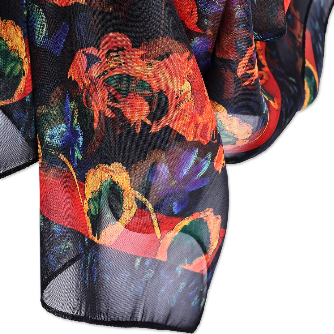 Floral Red and Blue Hand-Painted Sheer Silk Chiffon Scarf - Passionate Dream