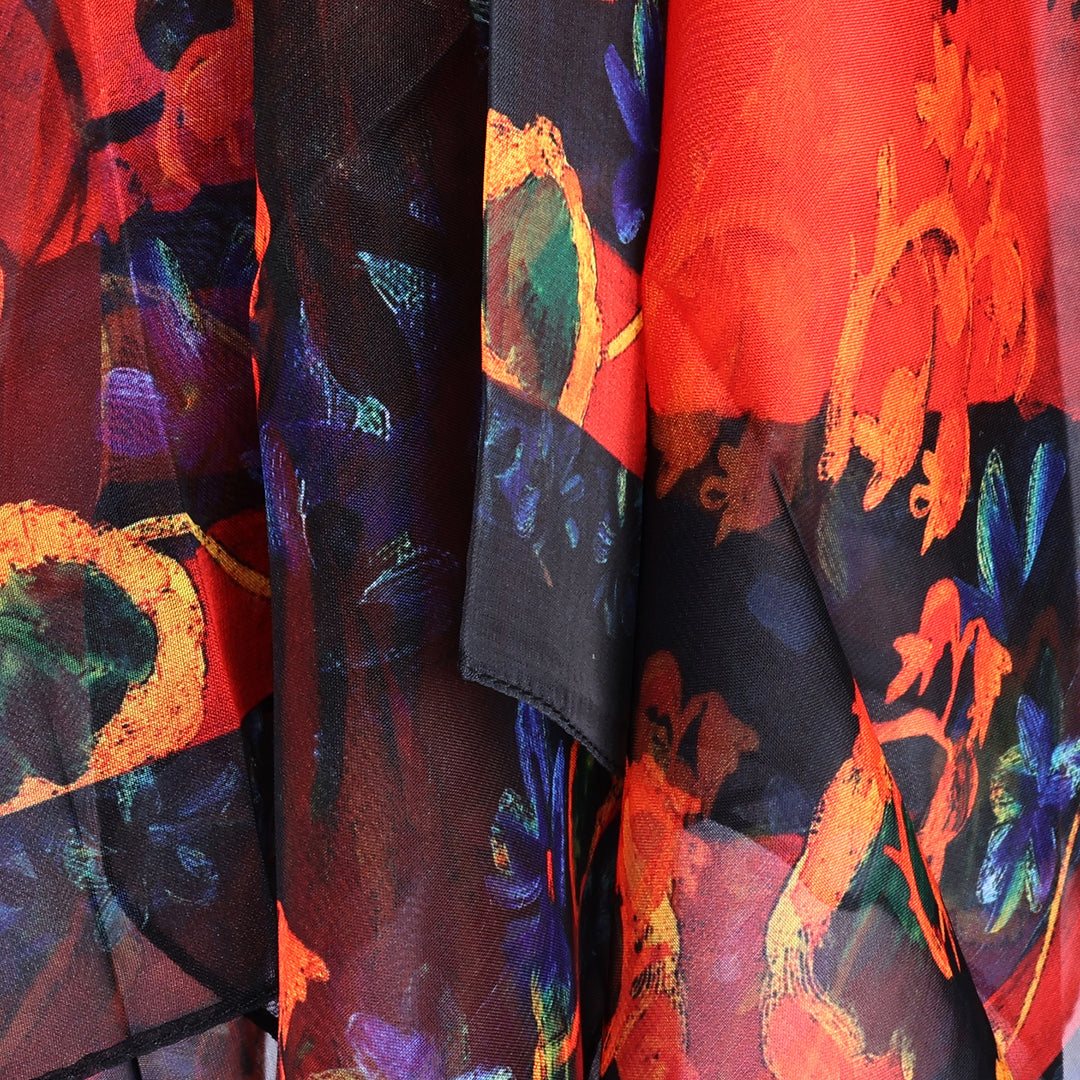 Floral Red and Blue Hand-Painted Sheer Silk Chiffon Scarf - Passionate Dream