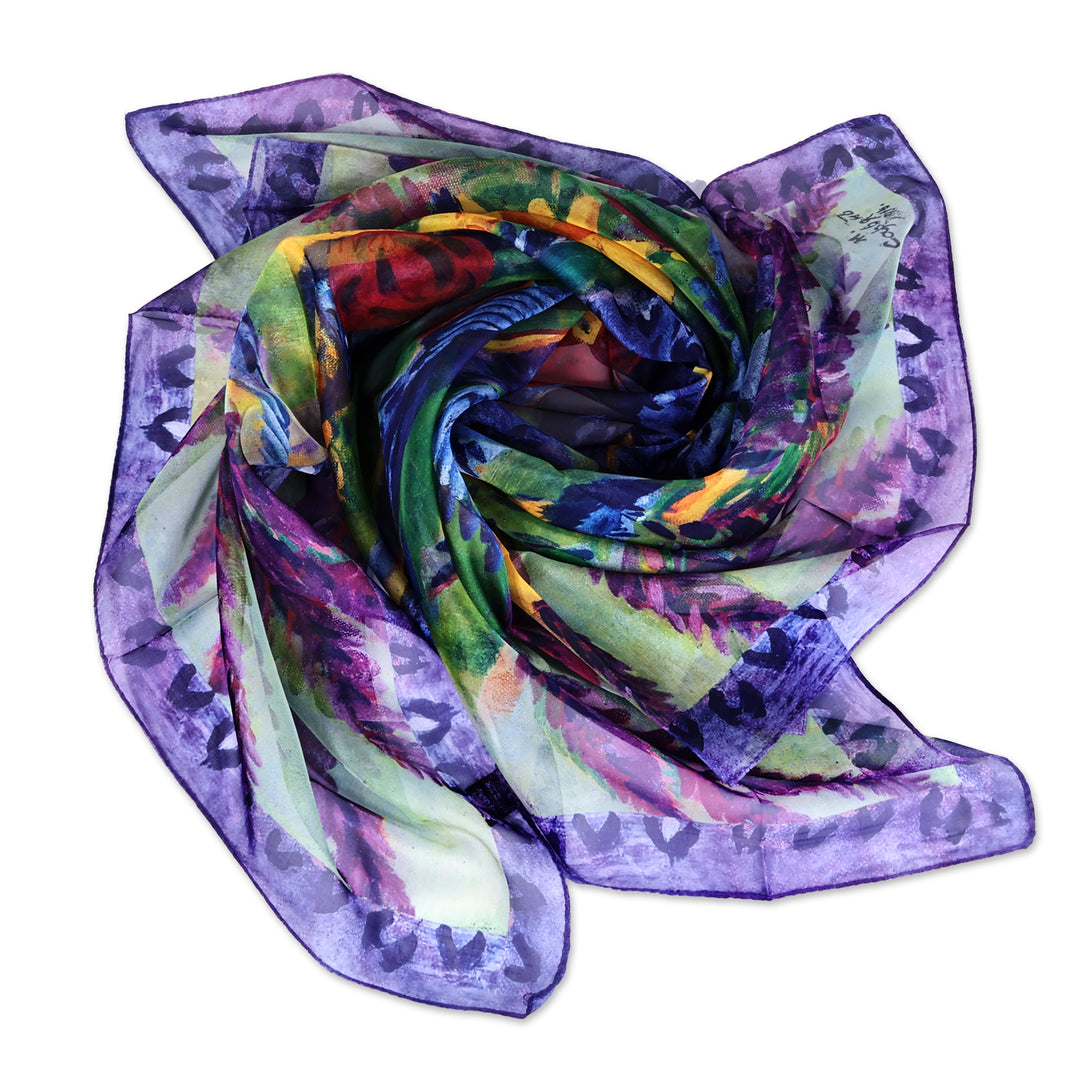 Spring-Themed Hand-Painted Lavender Sheer Silk Chiffon Scarf - Lavender Paradise
