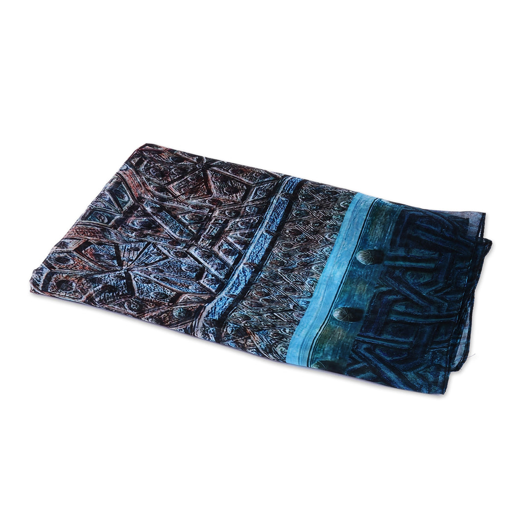 Traditional Hand-Painted Blue Sheer Soft Silk Chiffon Scarf - Star Gates