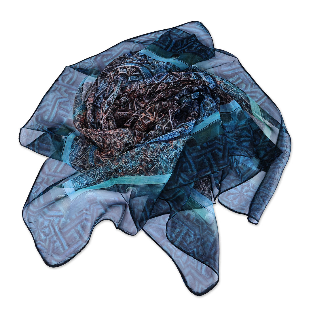Traditional Hand-Painted Blue Sheer Soft Silk Chiffon Scarf - Star Gates