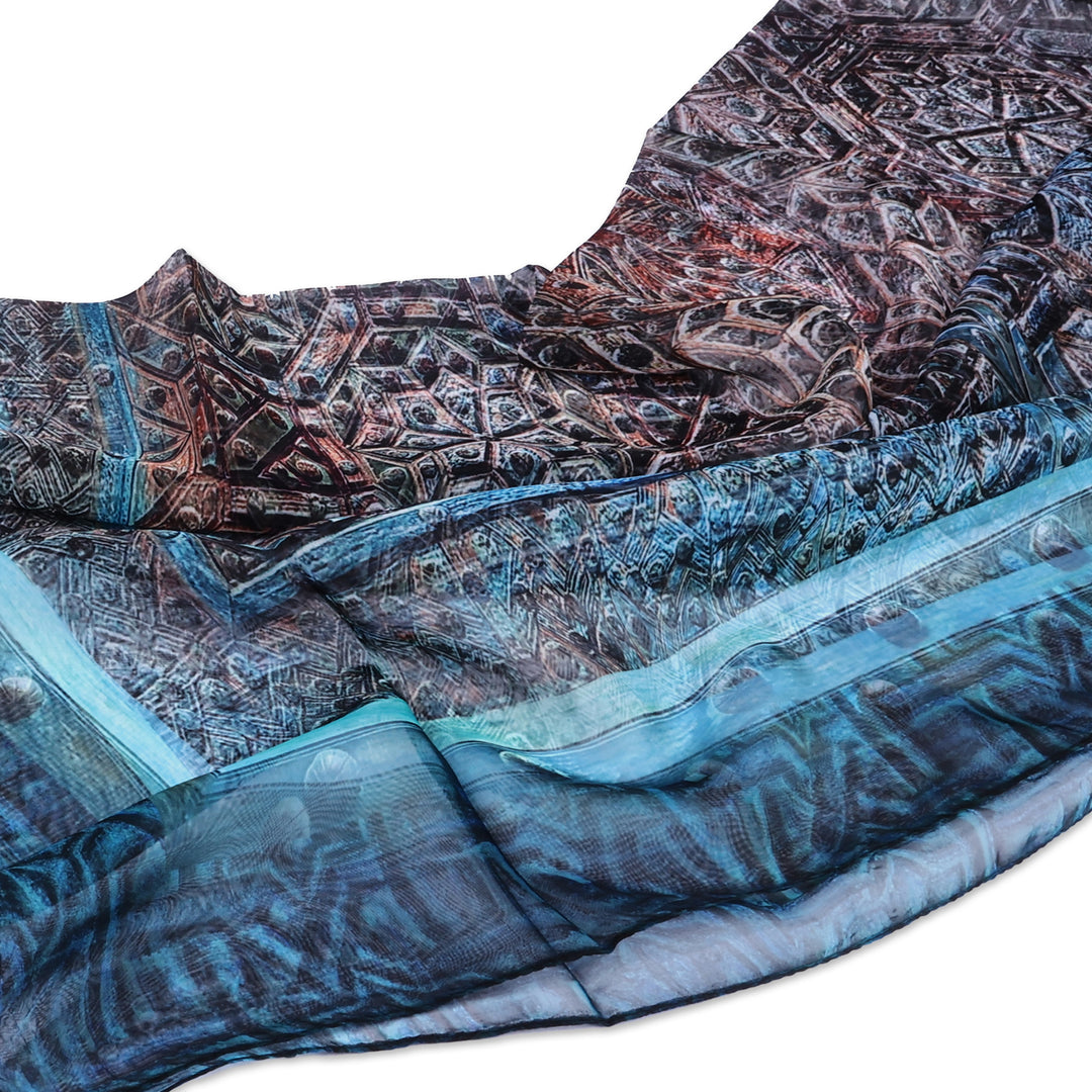 Traditional Hand-Painted Blue Sheer Soft Silk Chiffon Scarf - Star Gates