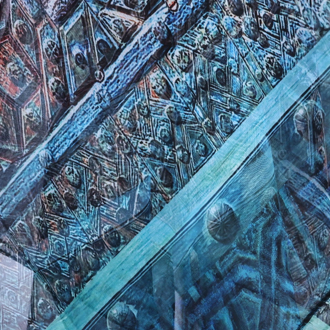 Traditional Hand-Painted Blue Sheer Soft Silk Chiffon Scarf - Star Gates