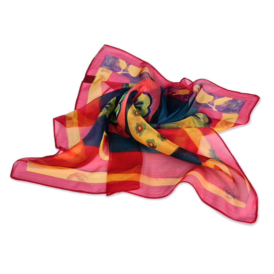 Abstract-Themed Hand-Painted Silk Chiffon Scarf from Armenia - Armenian Memory