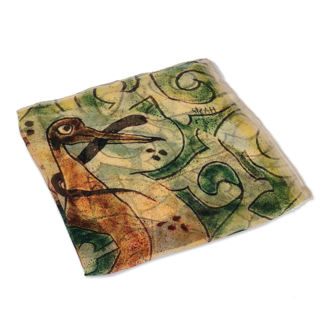 Traditional Hand-Painted Armenian Bird Silk Chiffon Scarf - Puissant Past