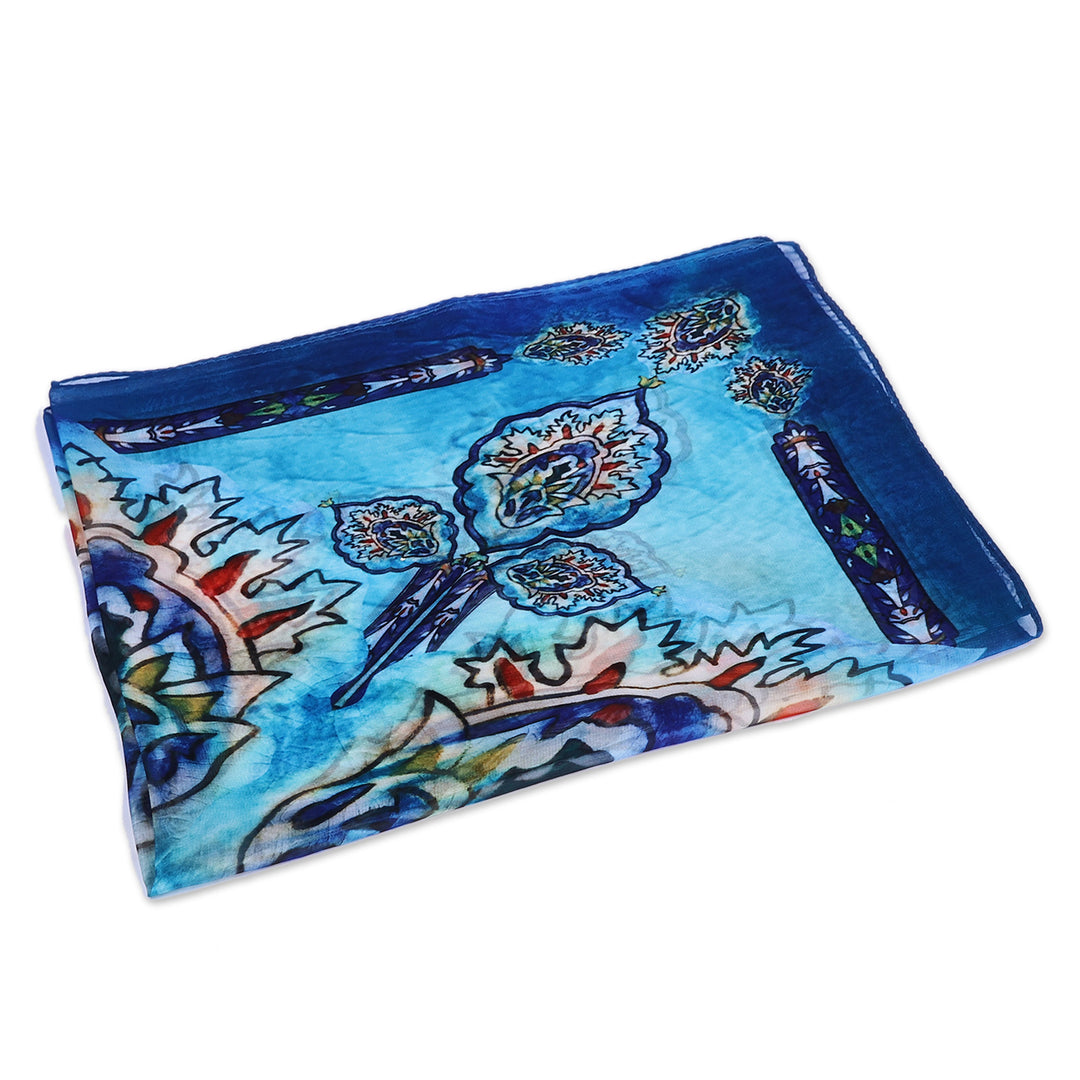 Armenian-Made Spring-Themed Painted Blue Silk Chiffon Scarf - Indigo Spring