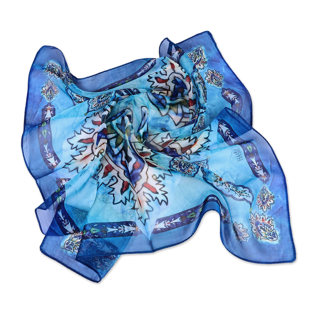 Armenian-Made Spring-Themed Painted Blue Silk Chiffon Scarf - Indigo Spring
