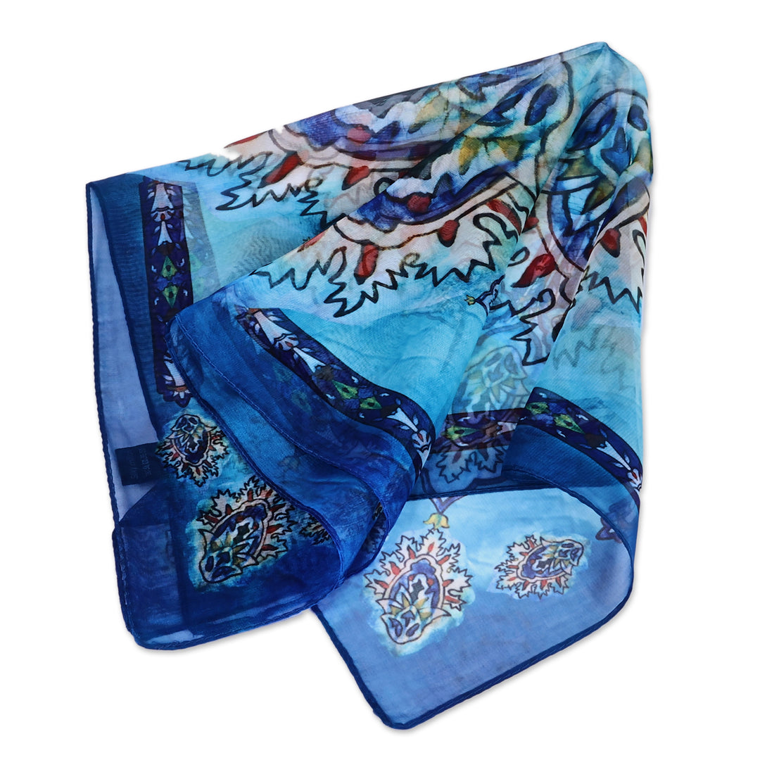 Armenian-Made Spring-Themed Painted Blue Silk Chiffon Scarf - Indigo Spring