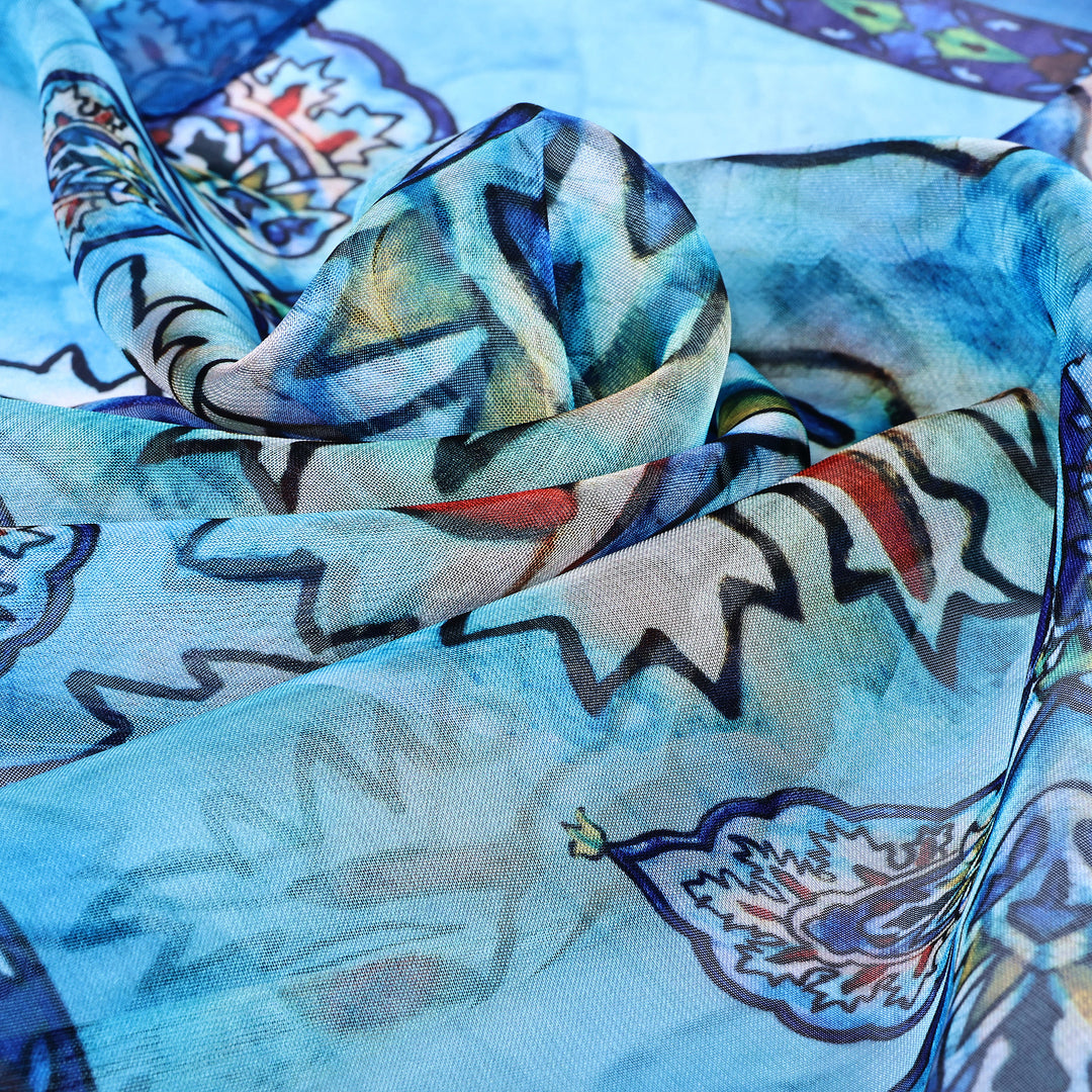 Armenian-Made Spring-Themed Painted Blue Silk Chiffon Scarf - Indigo Spring