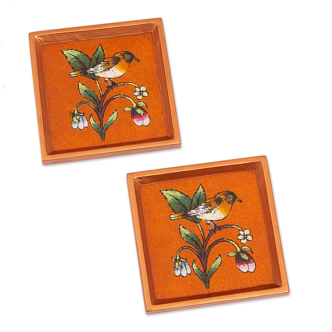 Pair of Reverse Painted Glass Bird Coasters - Sweet Songbird