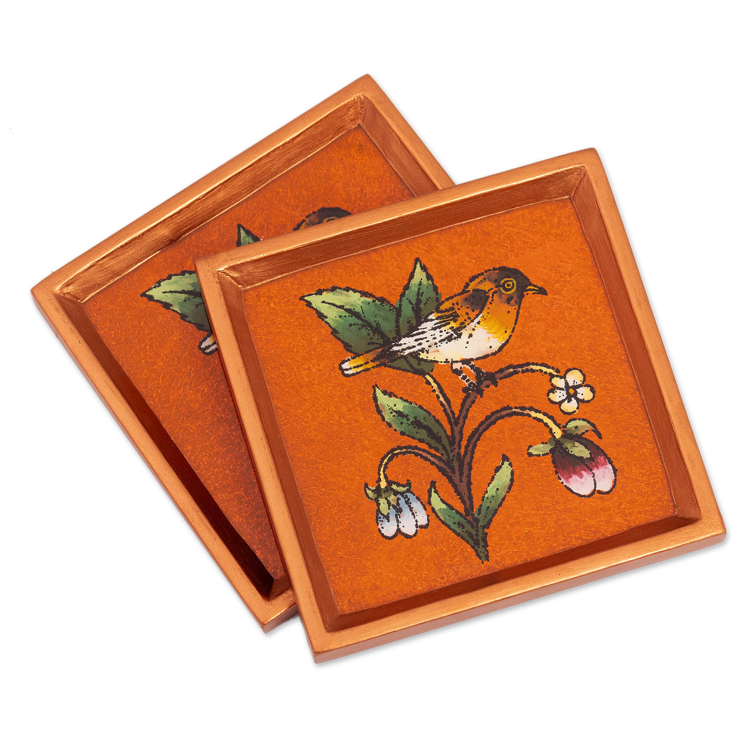 Pair of Reverse Painted Glass Bird Coasters - Sweet Songbird