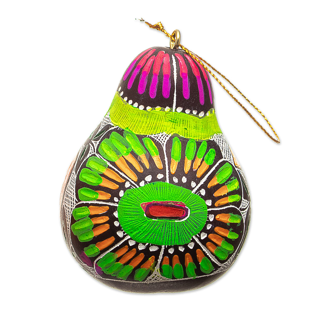 Spring-Themed Andean-Made Hand-Painted Dried Gourd Ornament - Harmonious Garden