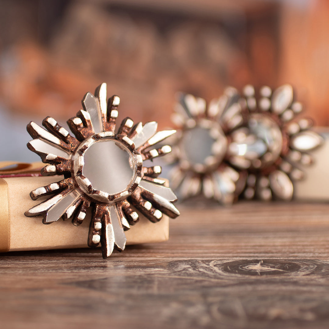Sun-Themed Handcrafted Wood Wall Mirror with Aluminum Leaf - Sunny Reflection