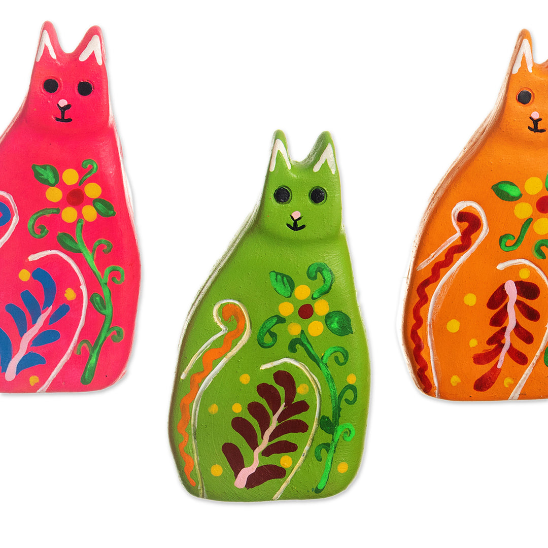 Vibrant Floral Ceramic Cat Statuette from Peru - Guardian Kitten