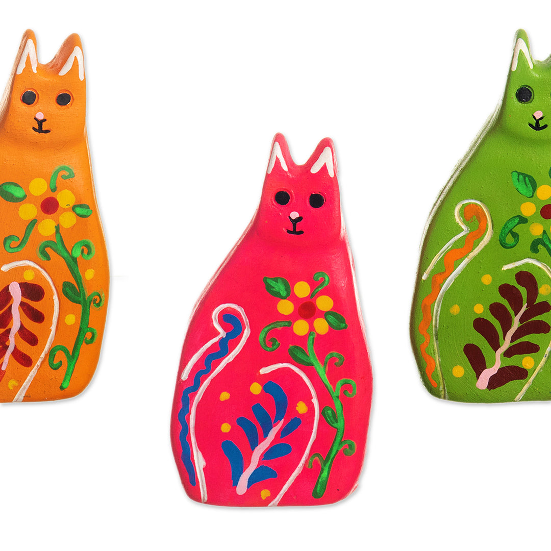 Vibrant Floral Ceramic Cat Statuette from Peru - Guardian Kitten