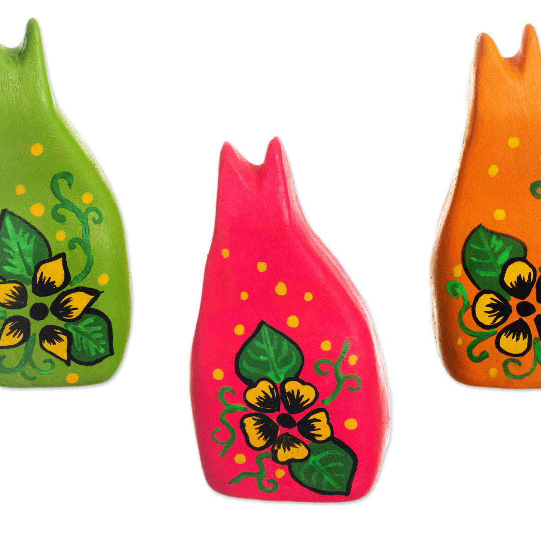 Vibrant Floral Ceramic Cat Statuette from Peru - Guardian Kitten