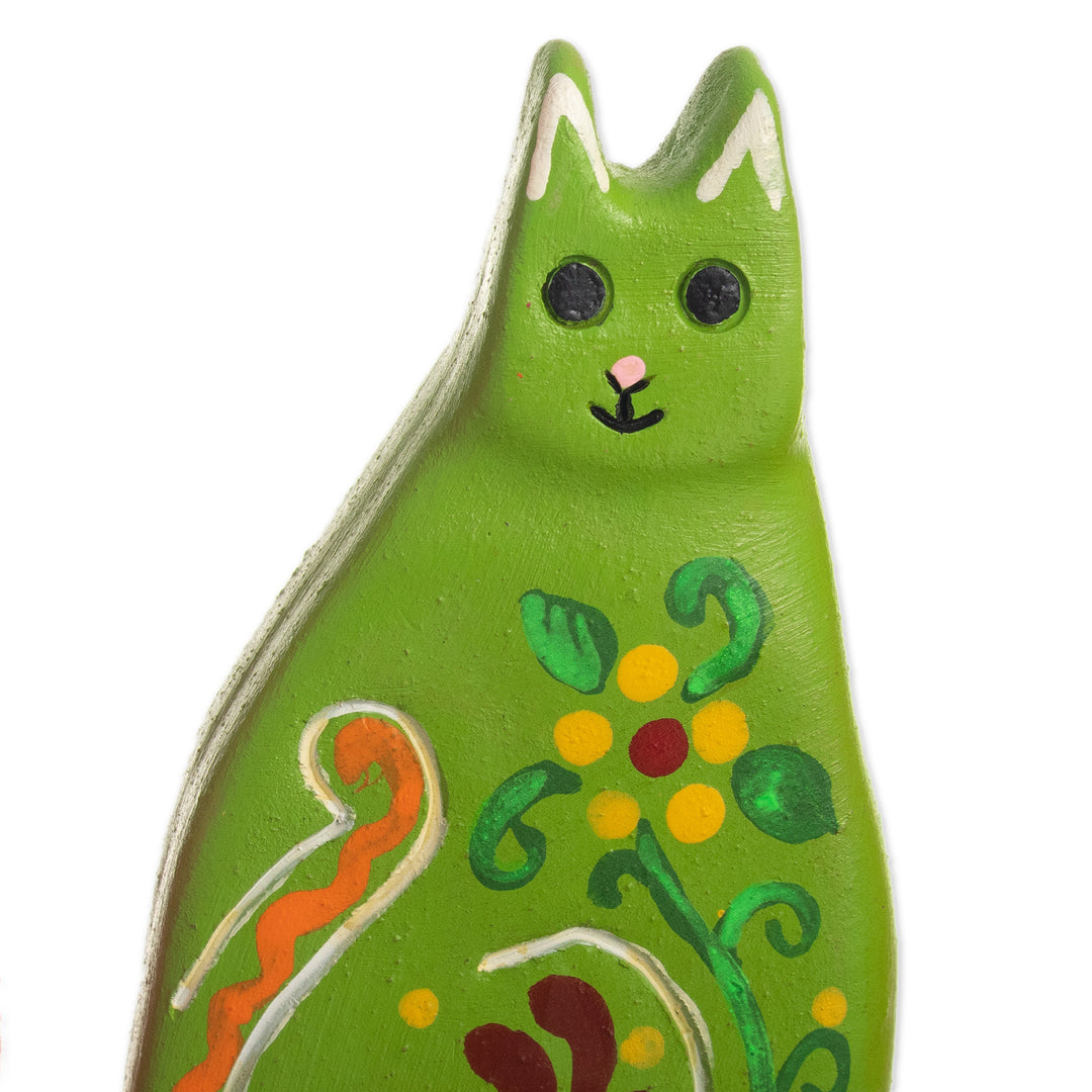Vibrant Floral Ceramic Cat Statuette from Peru - Guardian Kitten