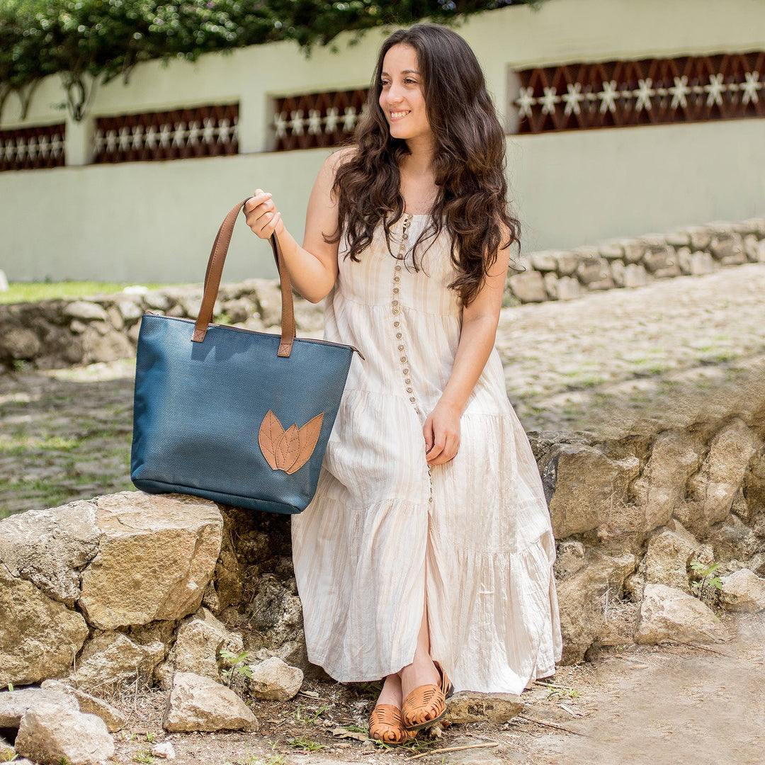 Autumn-Themed Azure Blue Faux Leather-Accented Shoulder Bag - Azure Fall