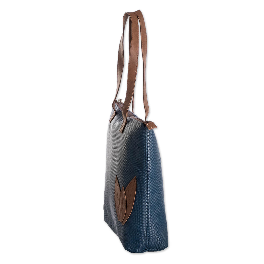 Autumn-Themed Azure Blue Faux Leather-Accented Shoulder Bag - Azure Fall