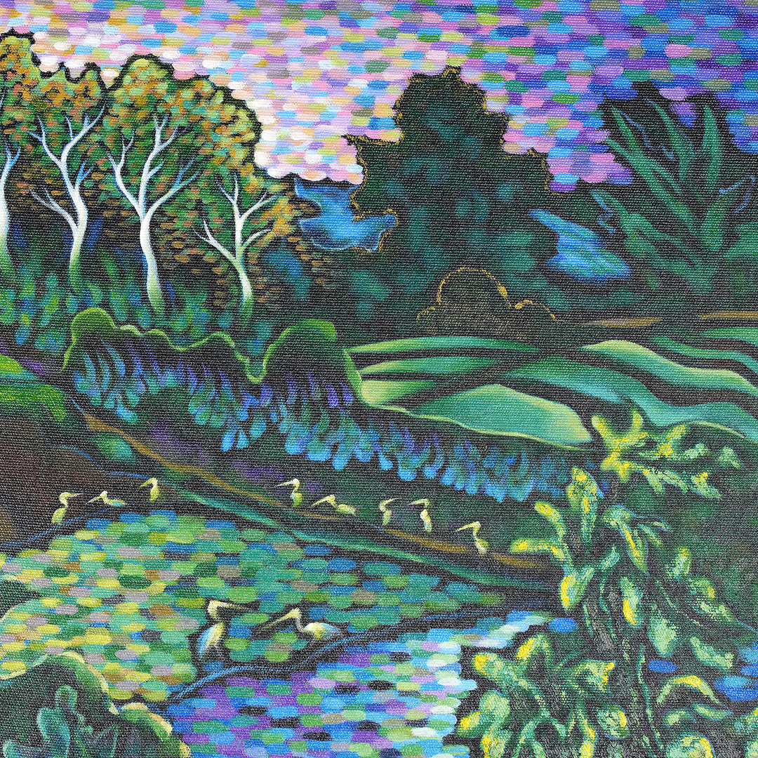 Impressionist Pointillist Landscape Acrylic Painting of Bali - Morning Sunrise
