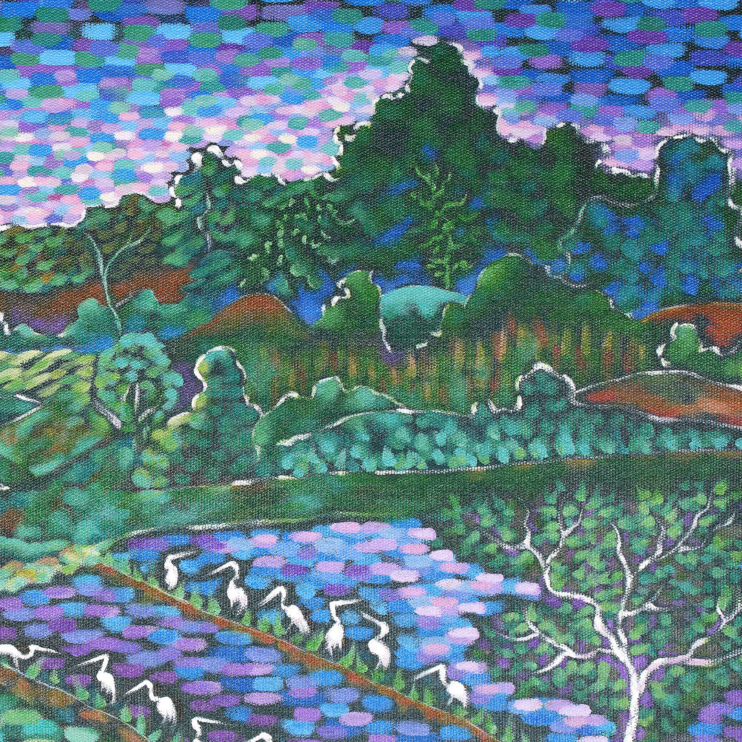 Nature-Themed Impressionist Acrylic Crane Landscape Painting - Crane Bird Vibes