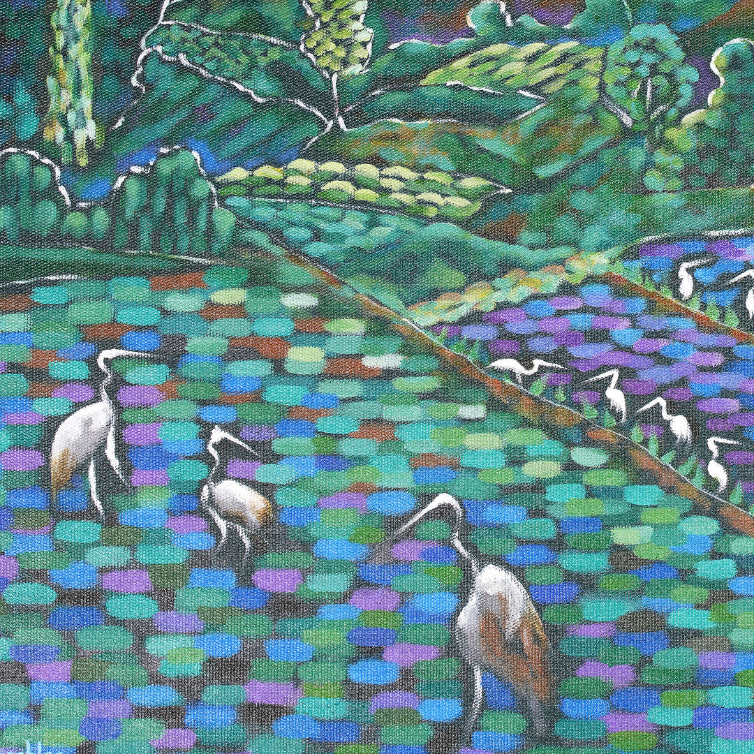 Nature-Themed Impressionist Acrylic Crane Landscape Painting - Crane Bird Vibes